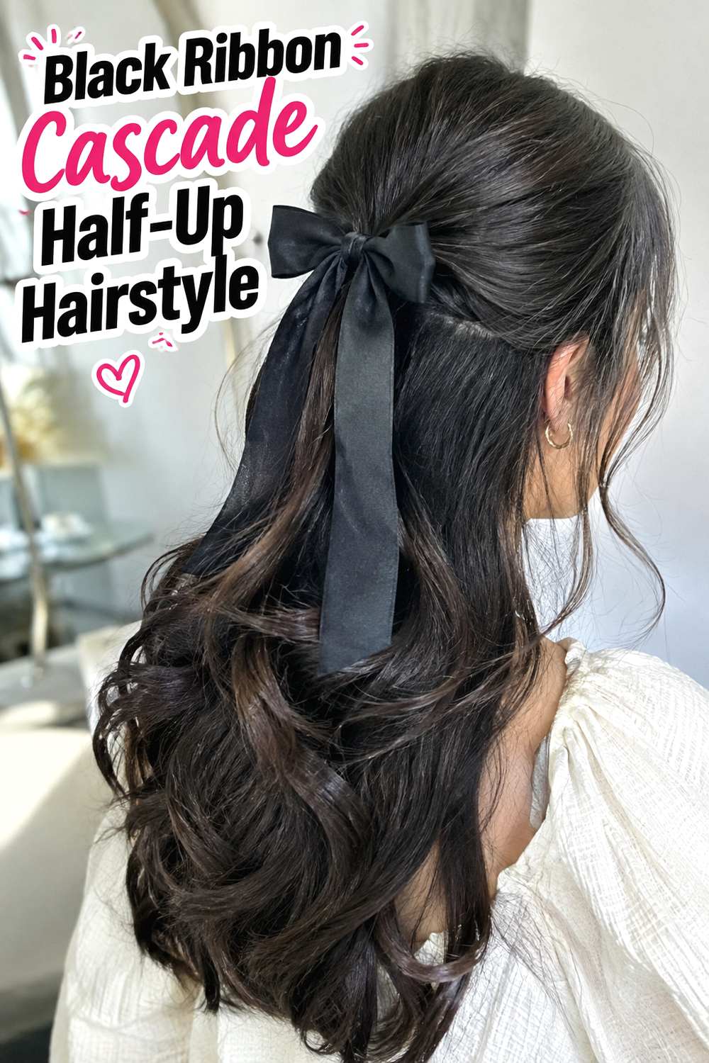 Black Ribbon Cascade Half-Up Hairstyle