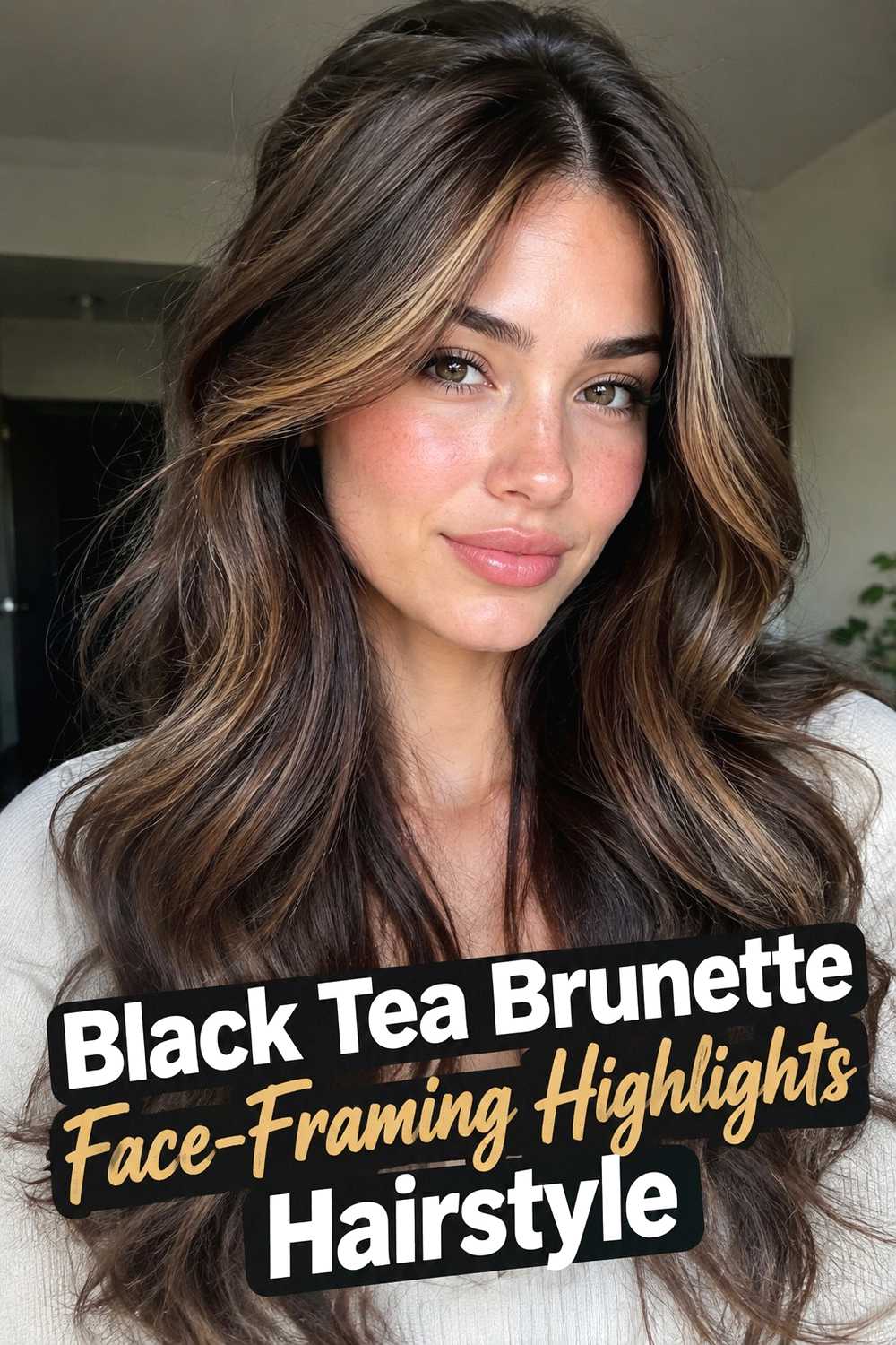 5. Black Tea Brunette Face Framing Highlights Hairstyle