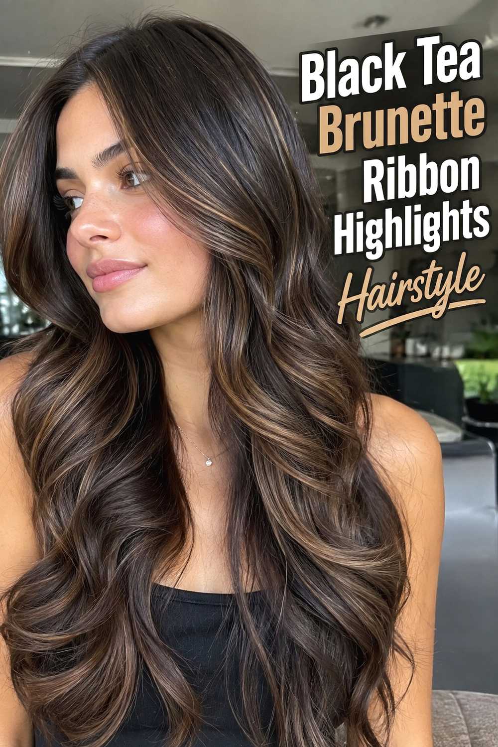 10. Black Tea Brunette Ribbon Highlights Hairstyle