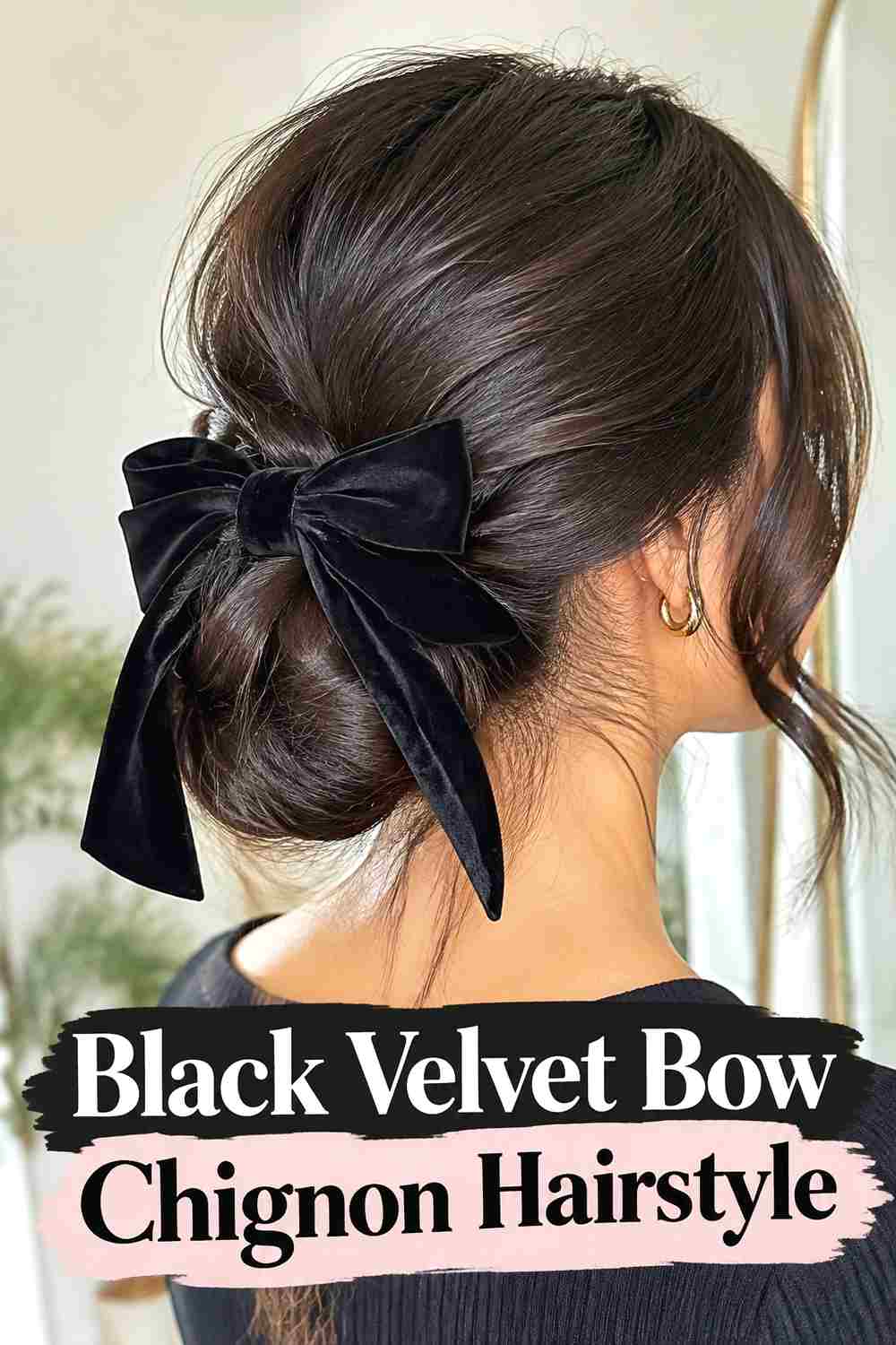 12. Black Velvet Bow Chignon Hairstyle
