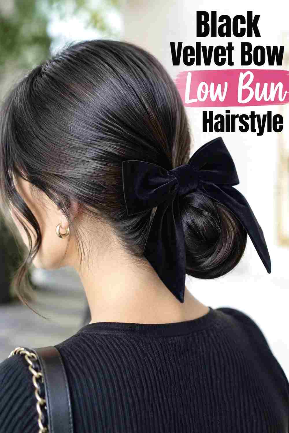 2. Black Velvet Bow Low Bun Hairstyle
