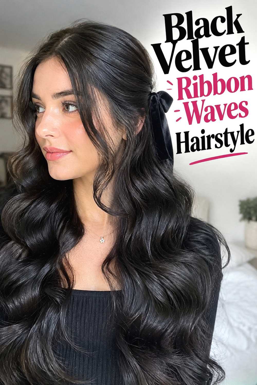 1. Black Velvet Ribbon Waves Hairstyle