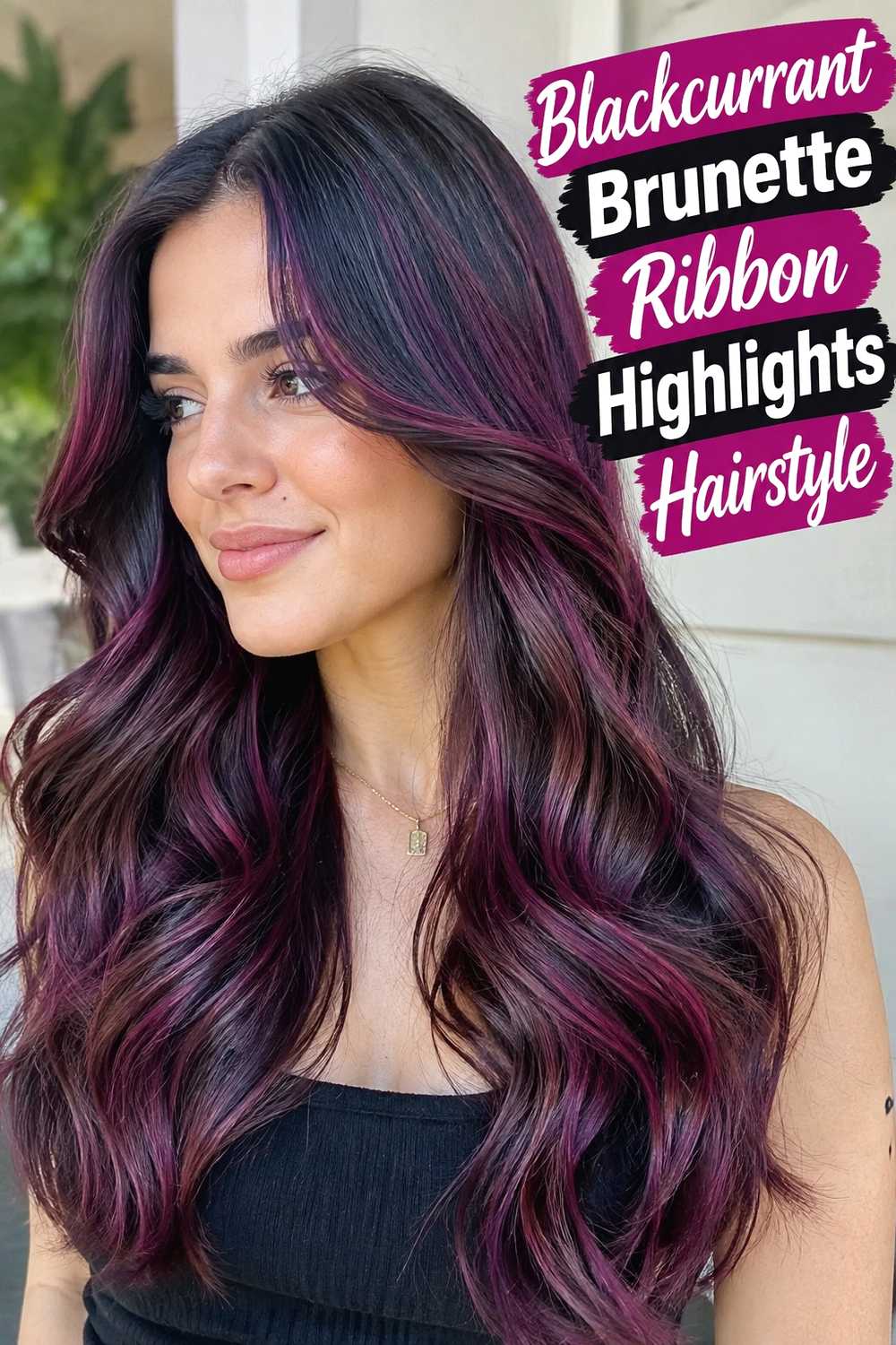 4. Blackcurrant Brunette Ribbon Highlights Hairstyle