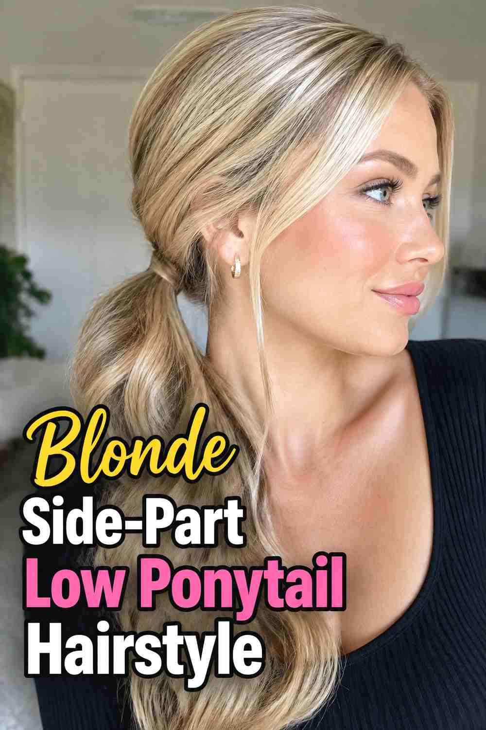 10. Blonde Side Part Low Ponytail Hairstyle