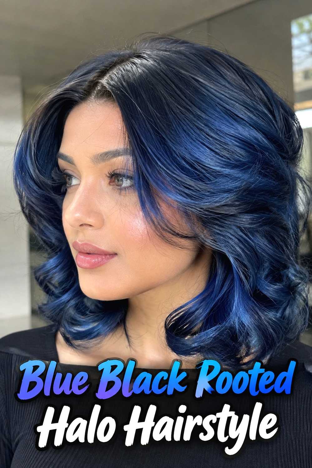 13. Blue Black Rooted Halo Hairstyle