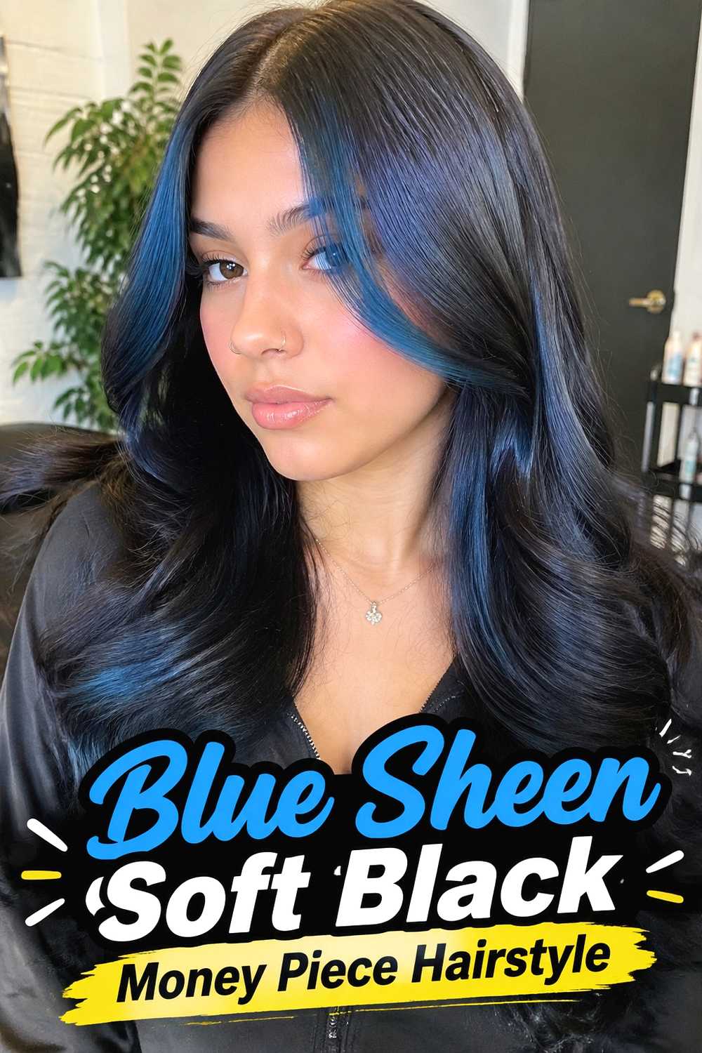 6. Blue Sheen Soft Black Money Piece Hairstyle