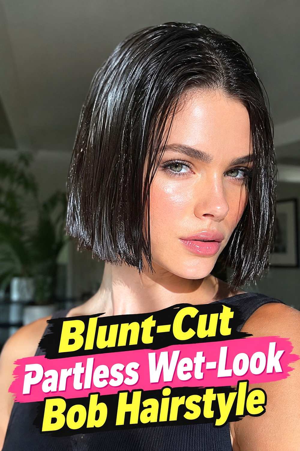 8. Blunt Cut Partless Wet Look Bob Hairstyle