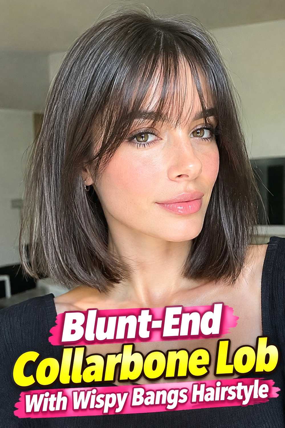5. Blunt End Collarbone Lob With Wispy Bangs Hairstyle