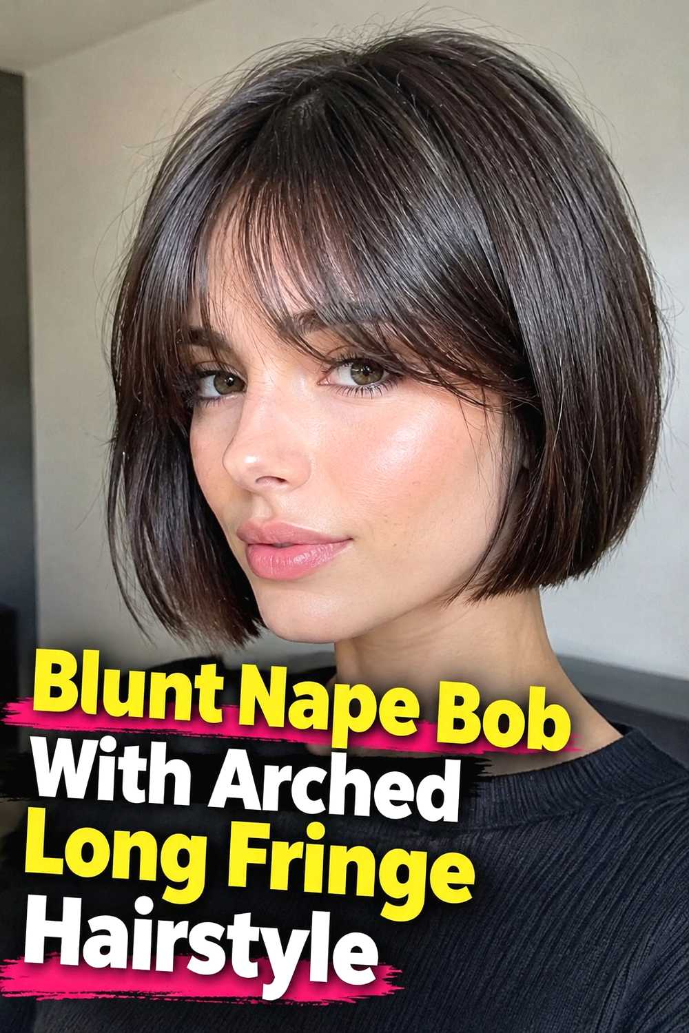 9. Blunt Nape Bob With Arched Long Fringe Hairstyle