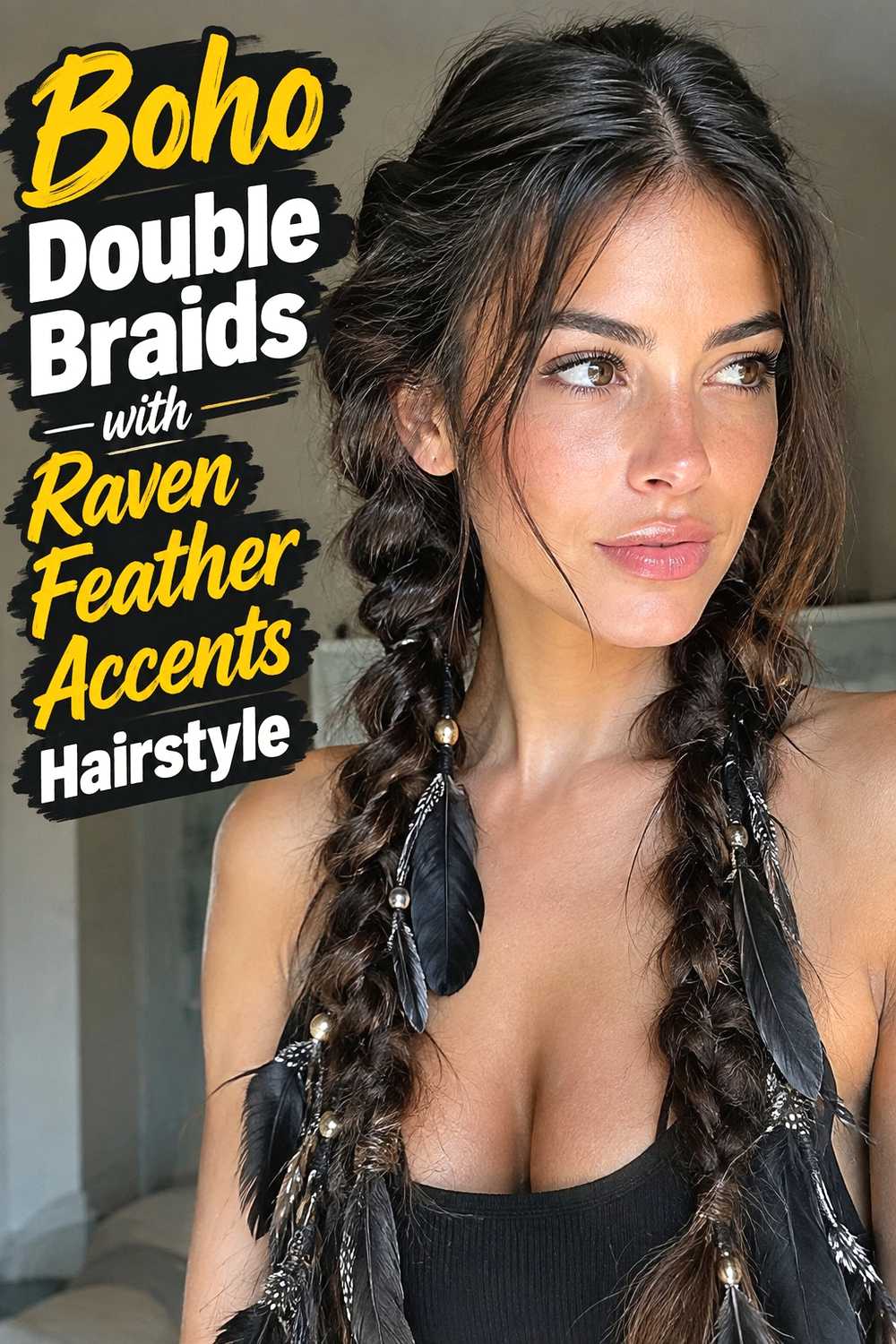16. Boho Double Braids With Raven Feather Accents Hairstyle