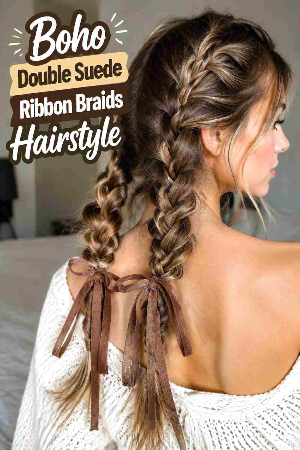 3. Boho Double Suede Ribbon Braids Hairstyle