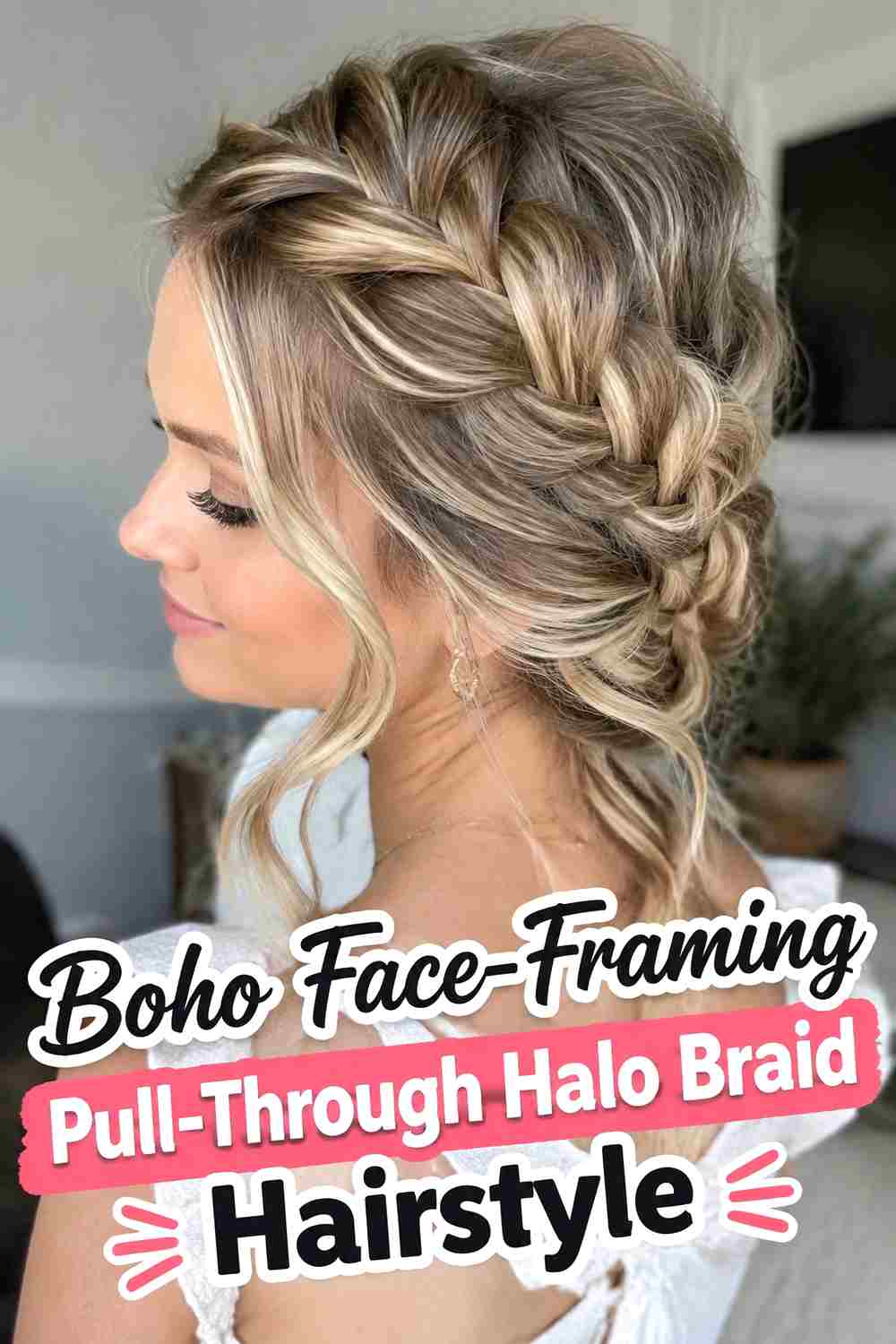 9. Boho Face Framing Pull Through Halo Braid Hairstyle