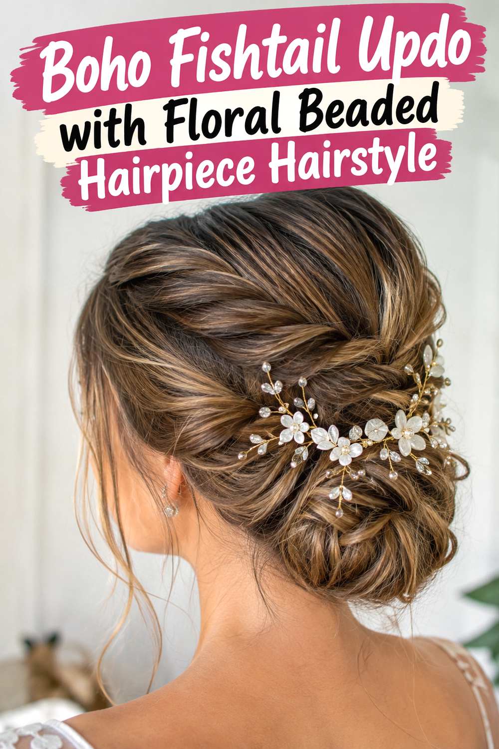 Boho Fishtail Updo with Floral Beaded Hairpiece Hairstyle