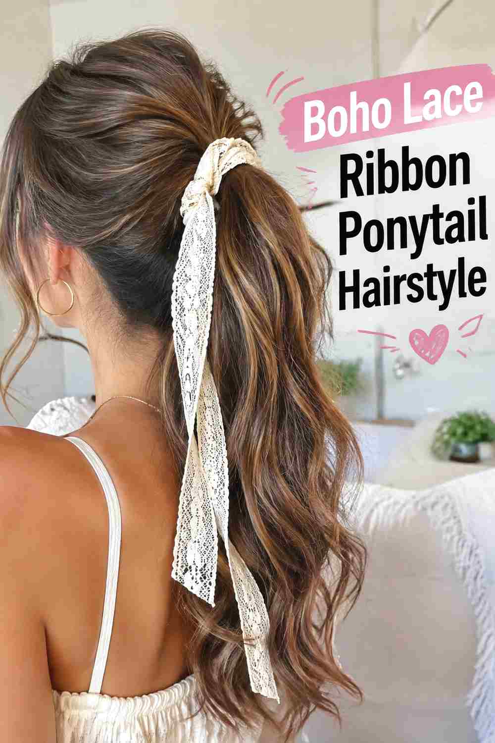 15. Boho Lace Ribbon Ponytail Hairstyle