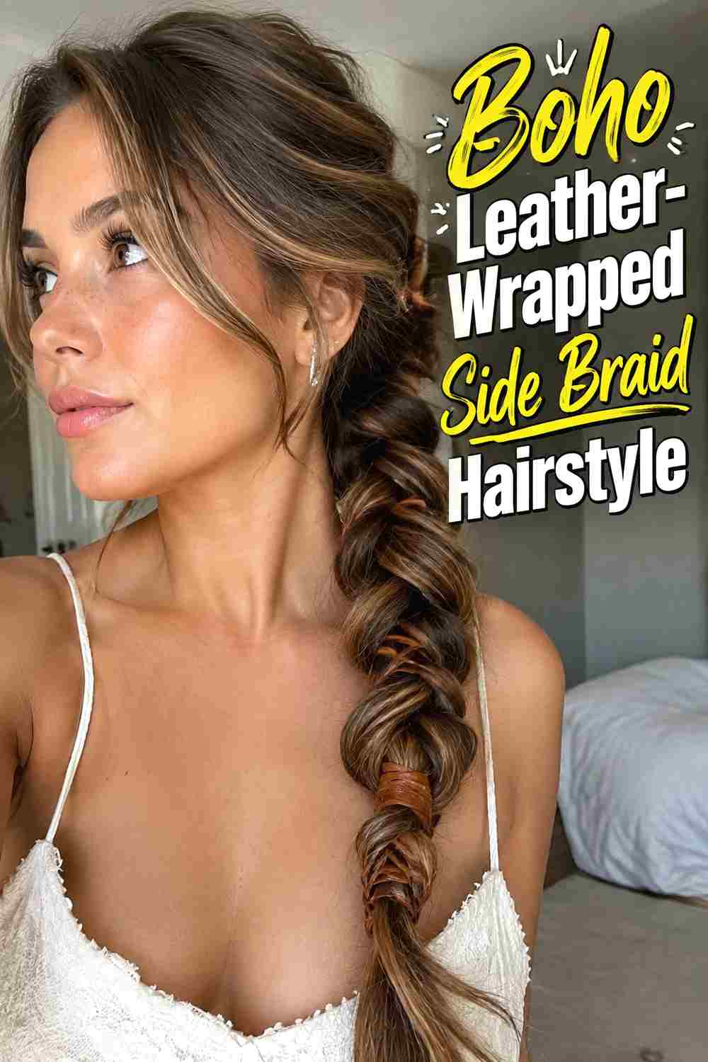 1. Boho Leather Wrapped Side Braid Hairstyle