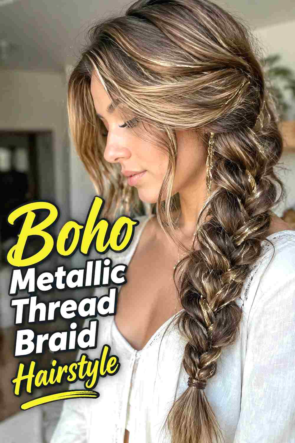 10. Boho Metallic Thread Braid Hairstyle