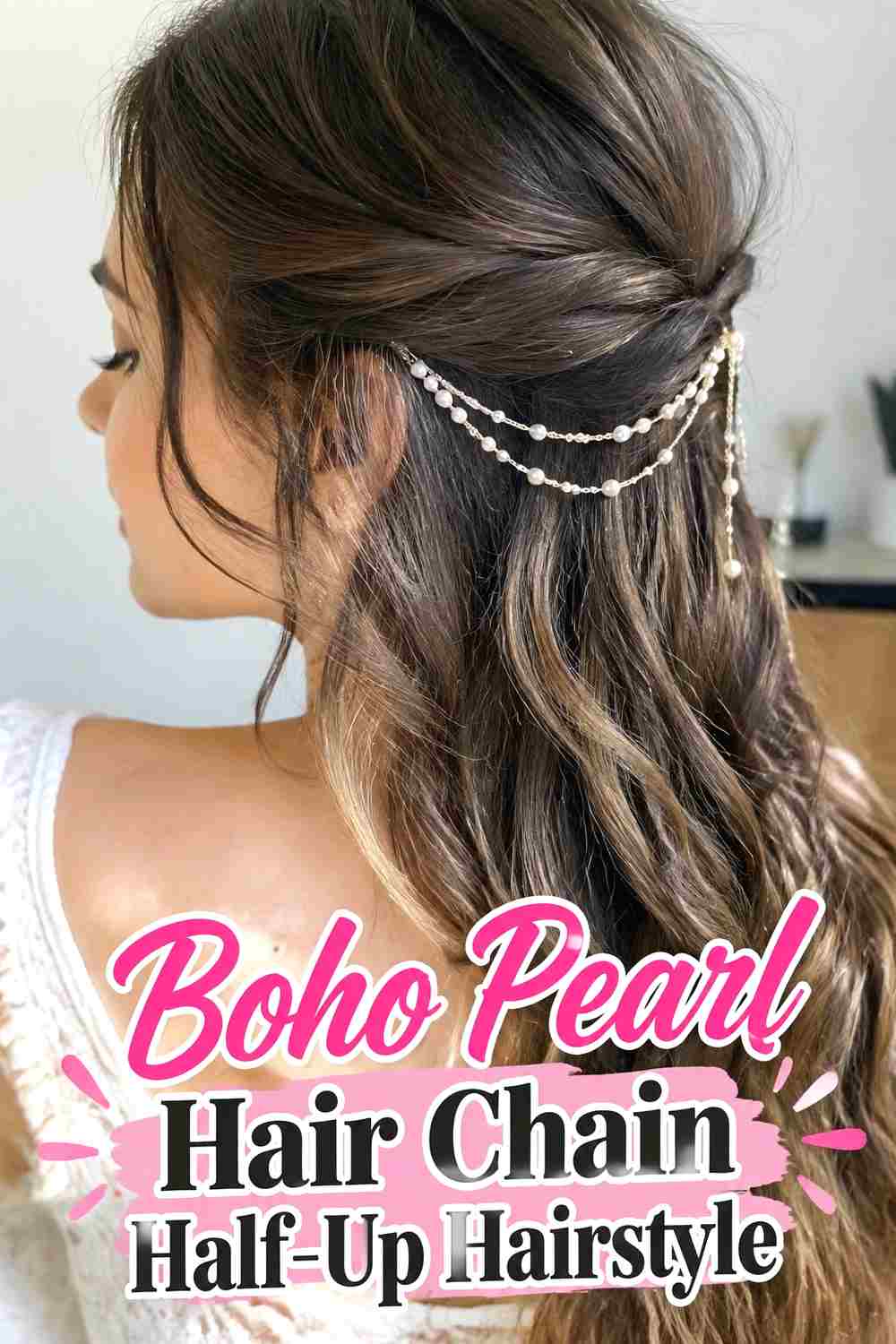 9. Boho Pearl Hair Chain Half Up Hairstyle