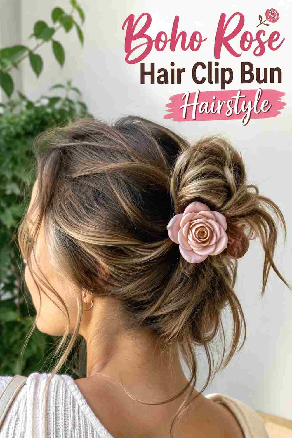 18. Boho Rose Hair Clip Bun Hairstyle