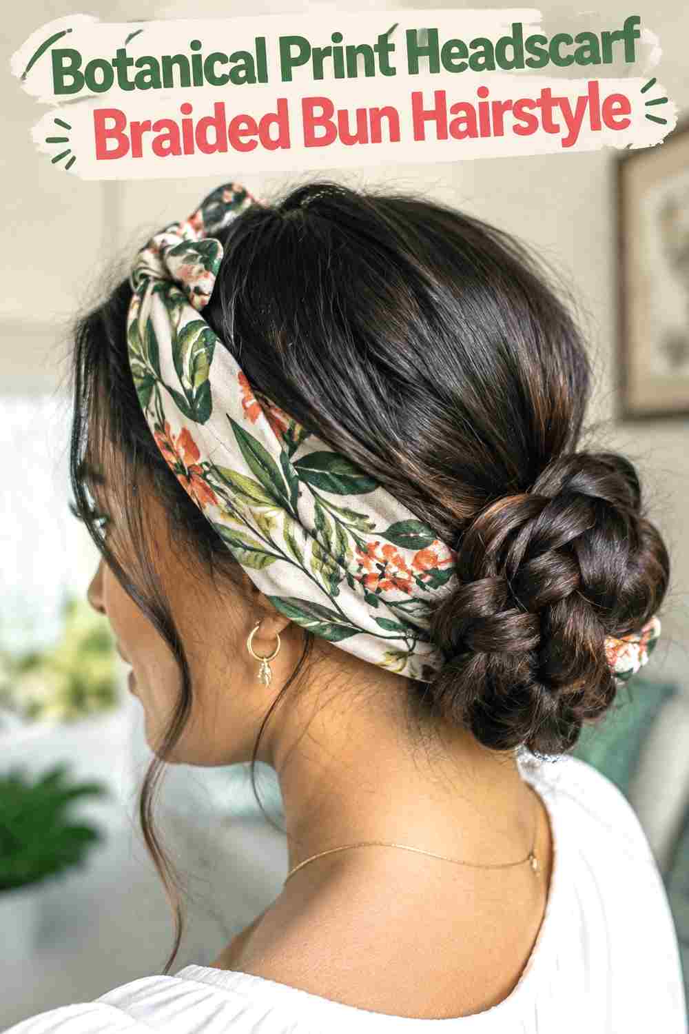 5. Botanical Print Headscarf Braided Bun Hairstyle