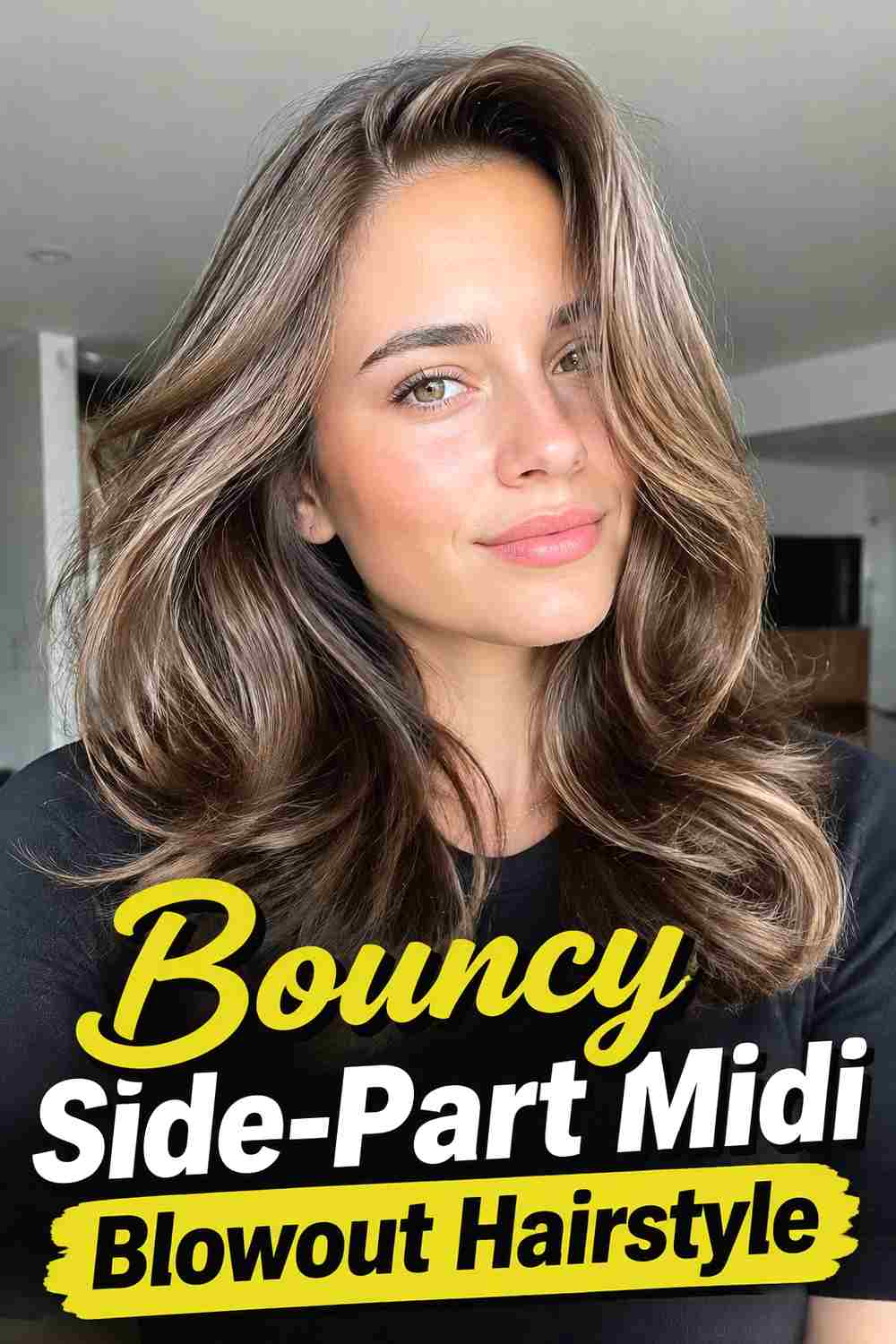 6. Bouncy Side Part Midi Blowout Hairstyle