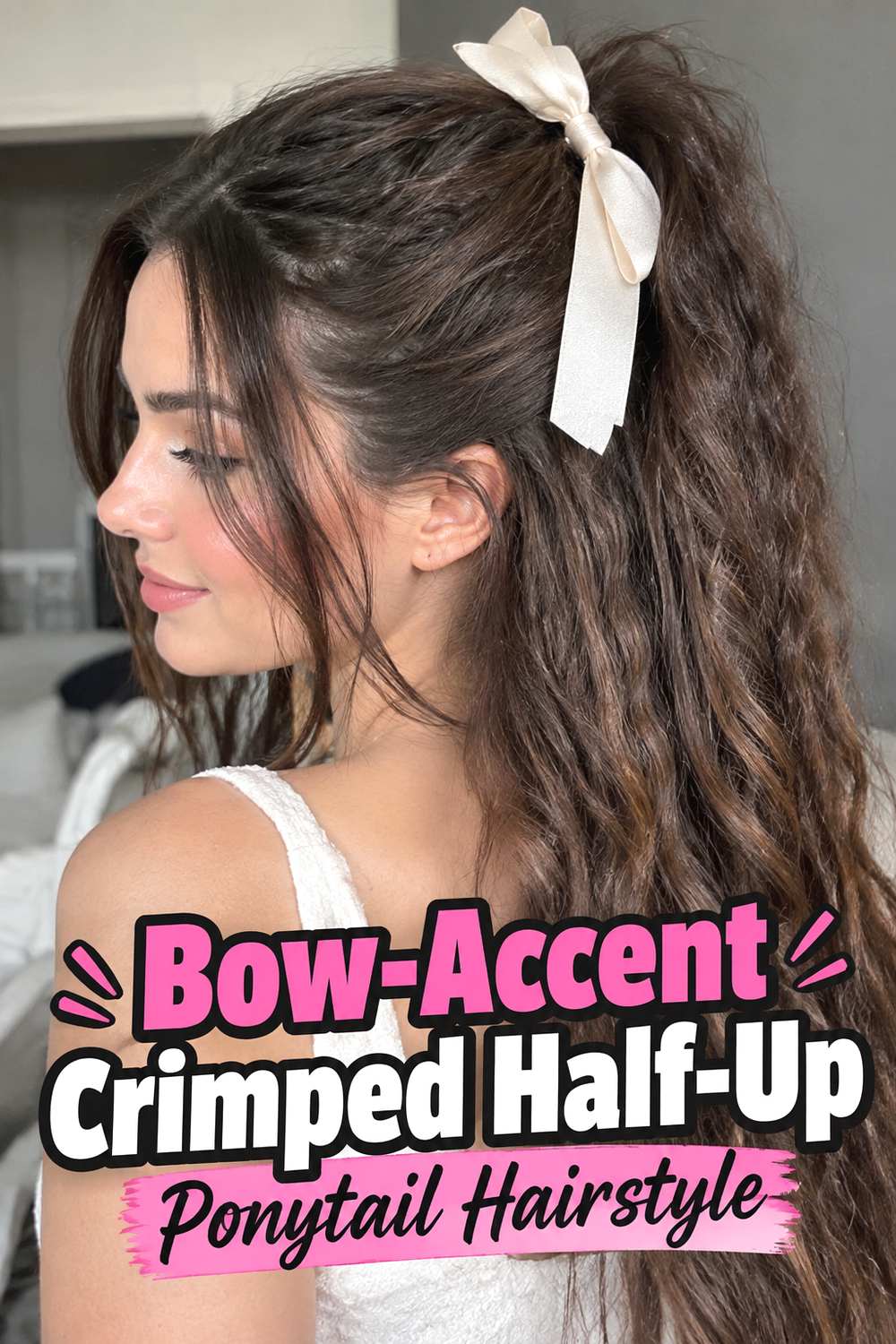 Bow-Accent Crimped Half-Up Ponytail Hairstyle