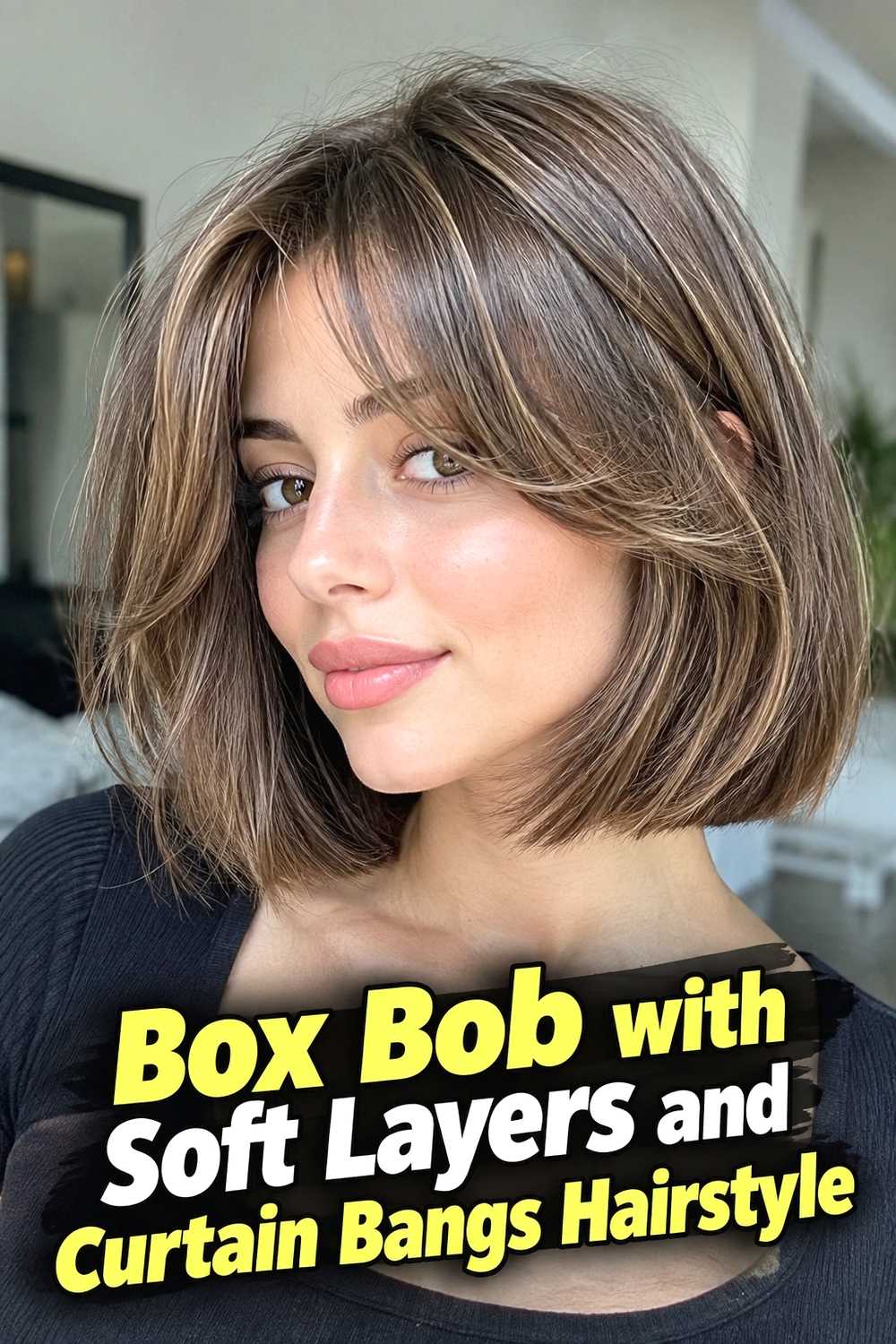 6. Box Bob With Soft Layers And Curtain Bangs Hairstyle