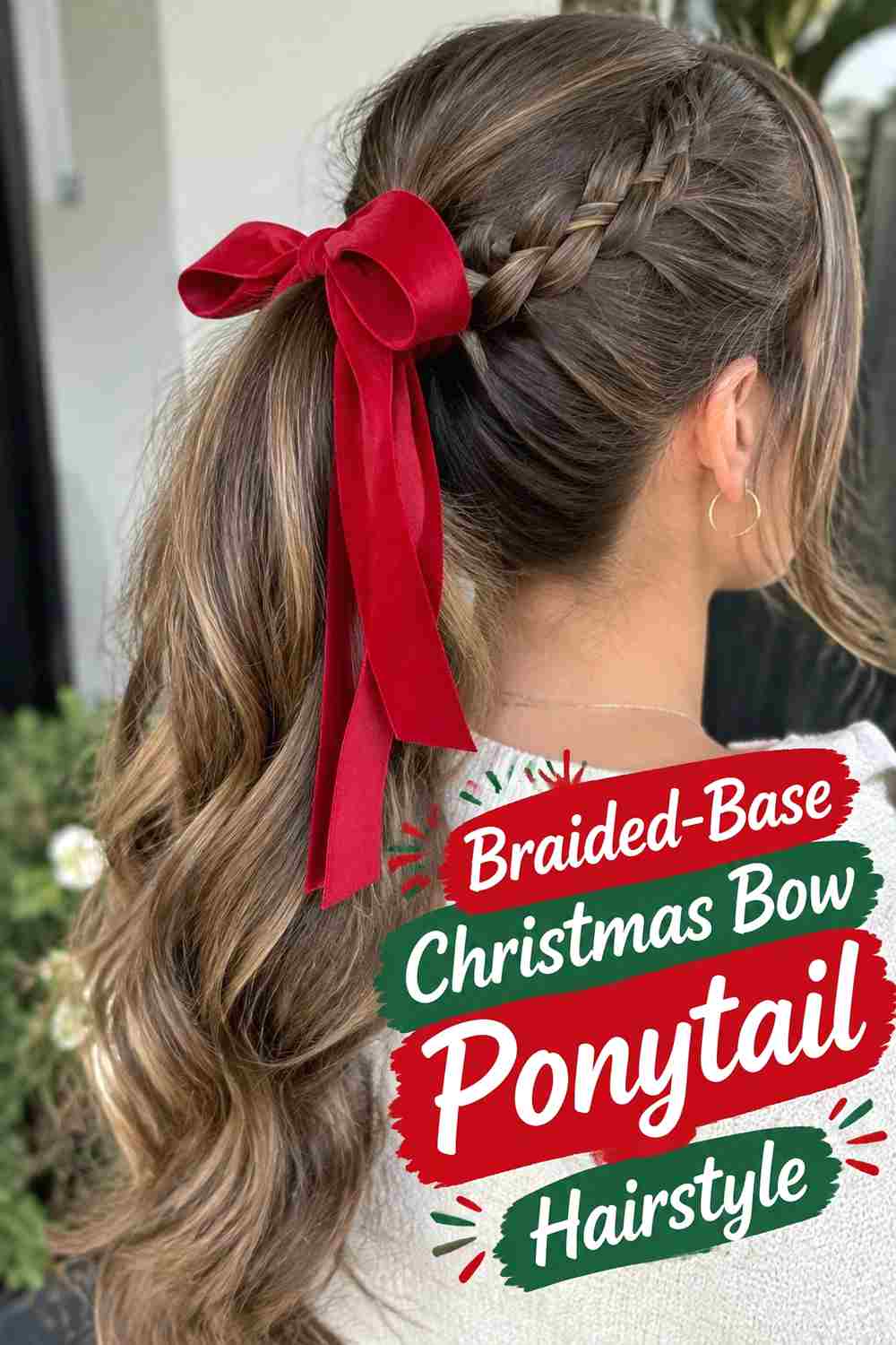 8. Braided Base Christmas Bow Ponytail Hairstyle