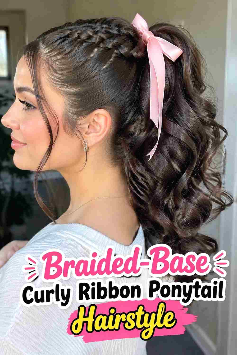 5. Braided Base Curly Ribbon Ponytail Hairstyle