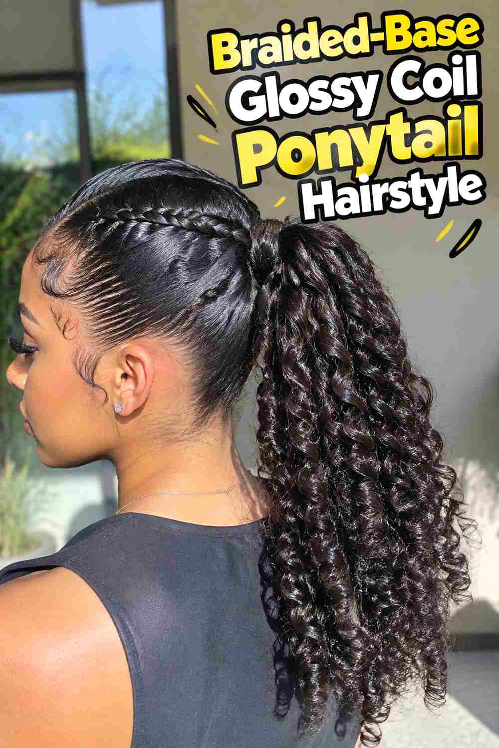 6. Braided Base Glossy Coil Ponytail Hairstyle
