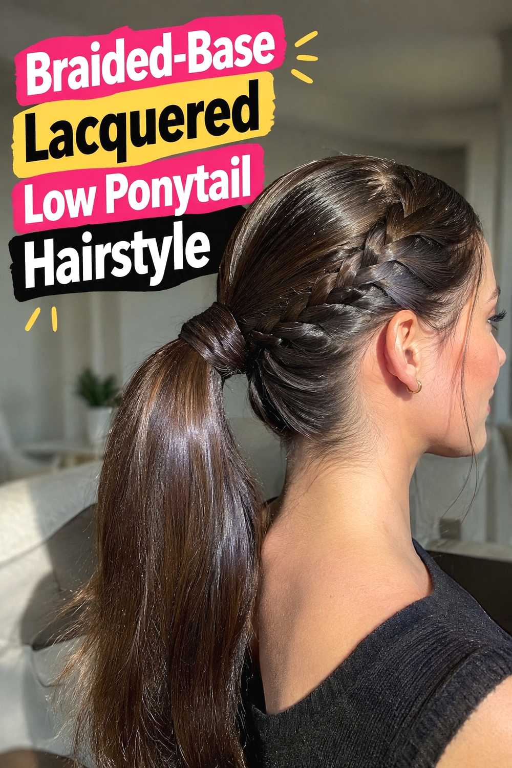 8. Braided Base Lacquered Low Ponytail Hairstyle
