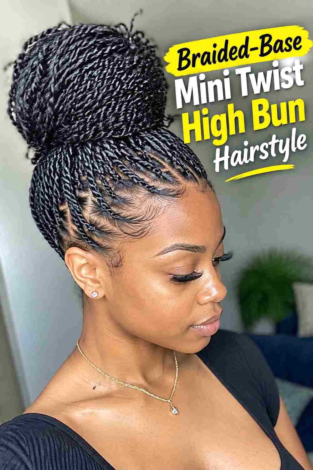 9. Braided Base Mini Twist High Bun Hairstyle