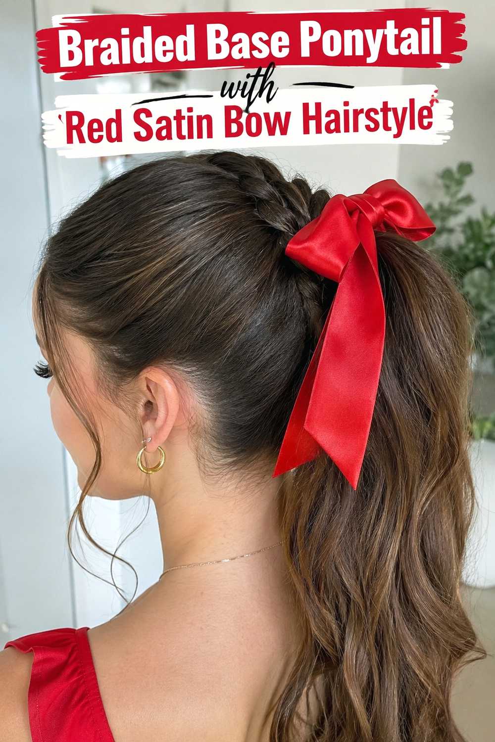5. Braided Base Ponytail With Red Satin Bow Hairstyle