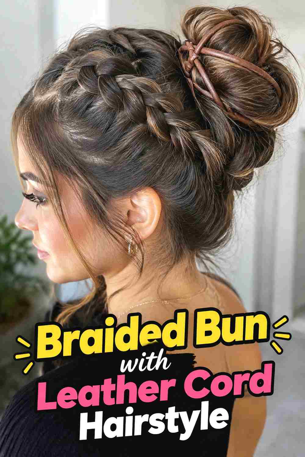 10. Braided Bun With Leather Cord Hairstyle