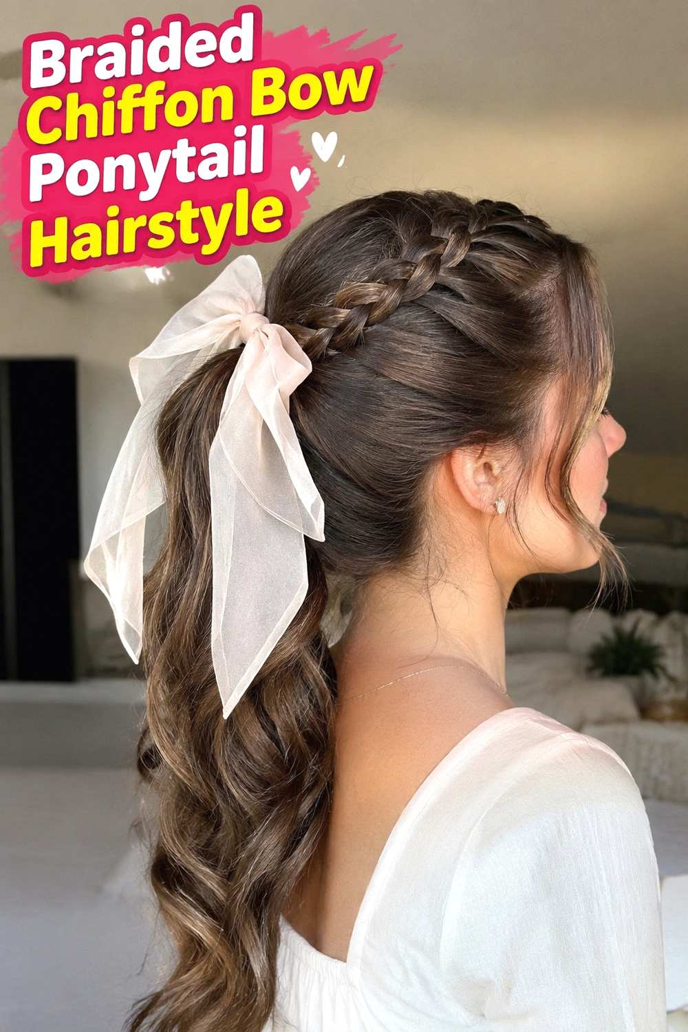 8. Braided Chiffon Bow Ponytail Hairstyle