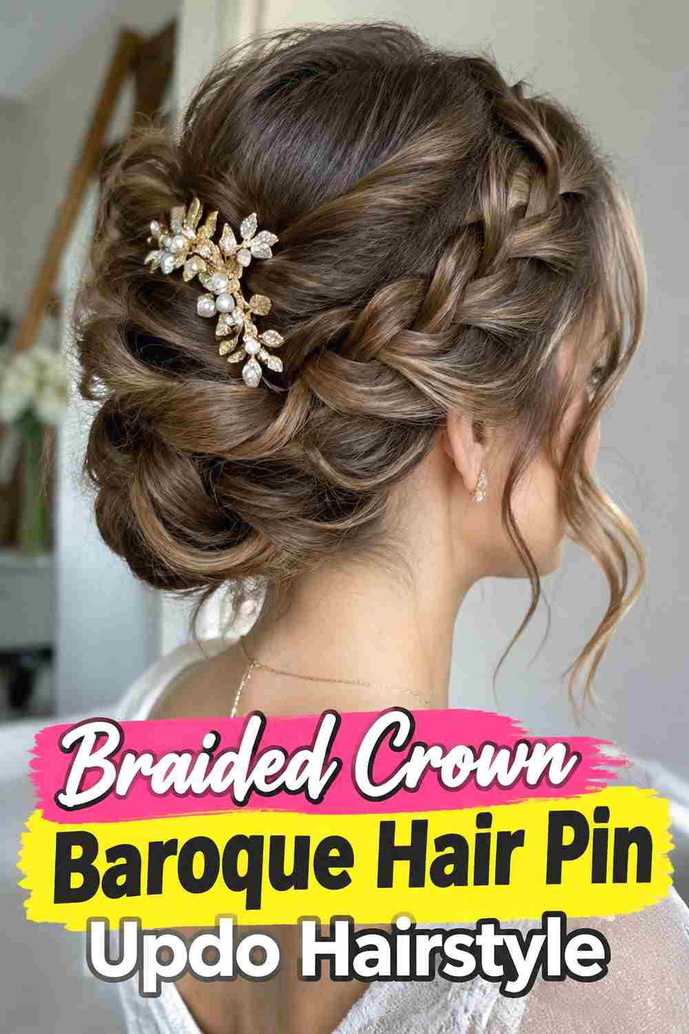 3. Braided Crown Baroque Hair Pin Updo Hairstyle