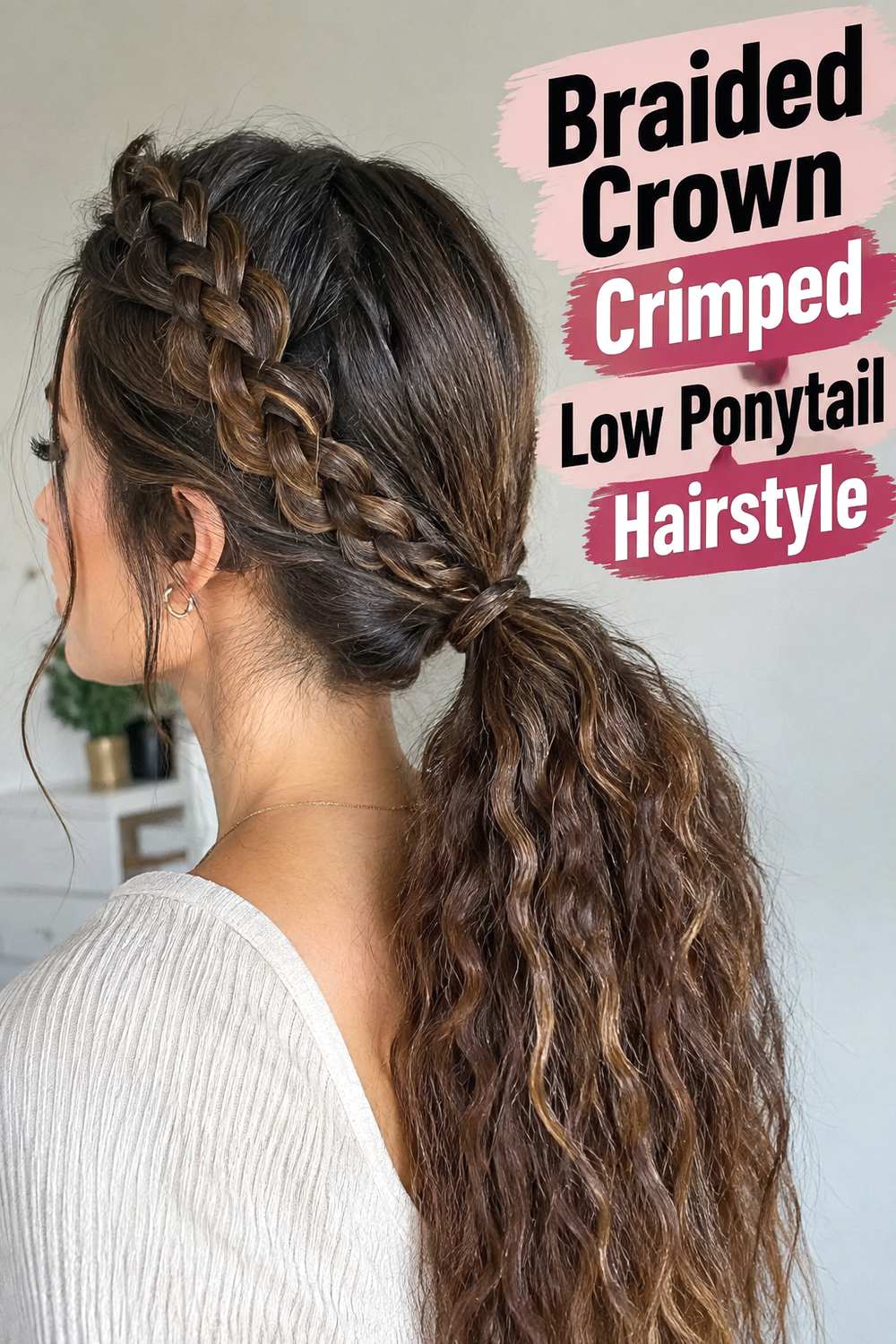 Braided Crown Crimped Low Ponytail Hairstyle