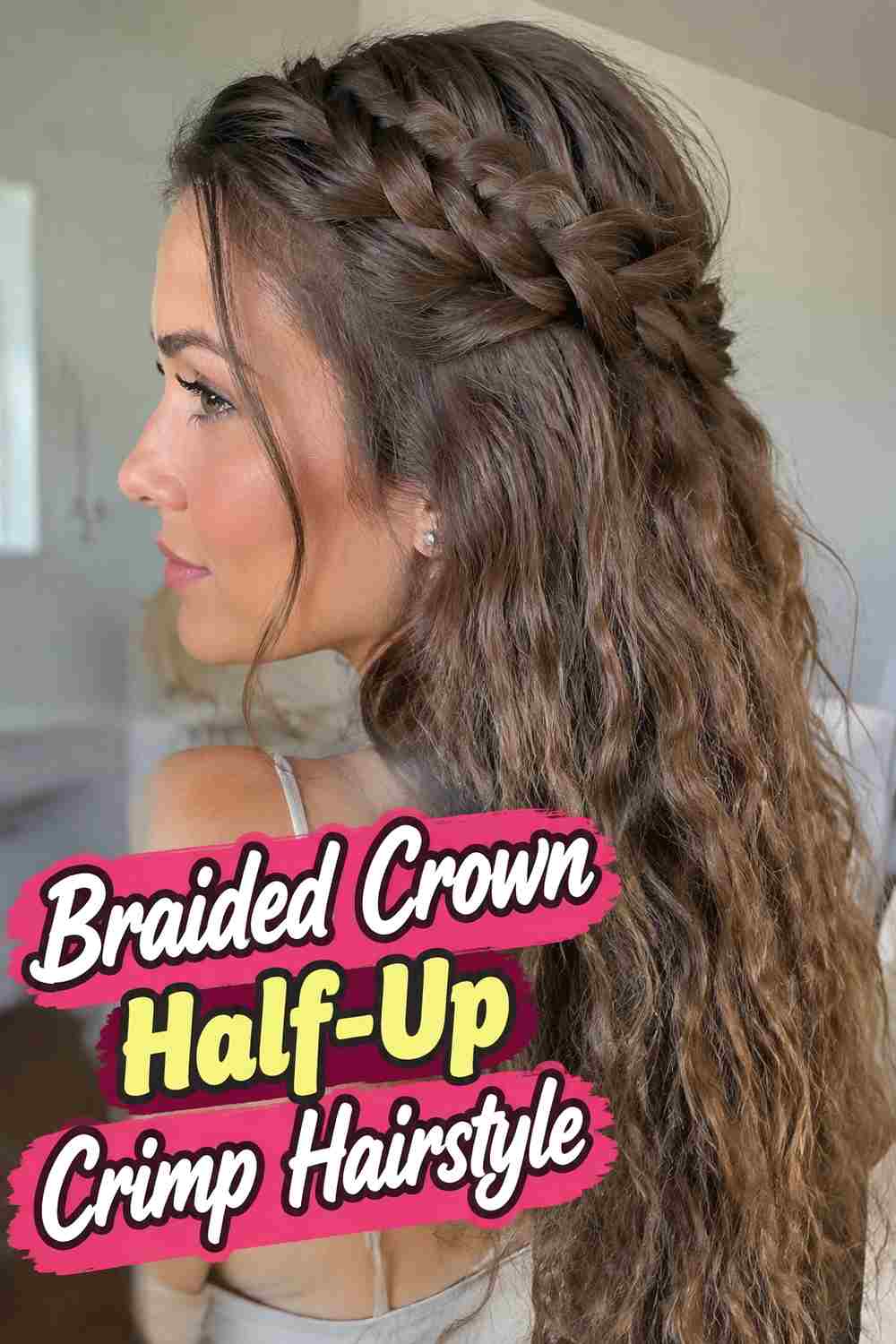 6. Braided Crown Half Up Crimp Hairstyle