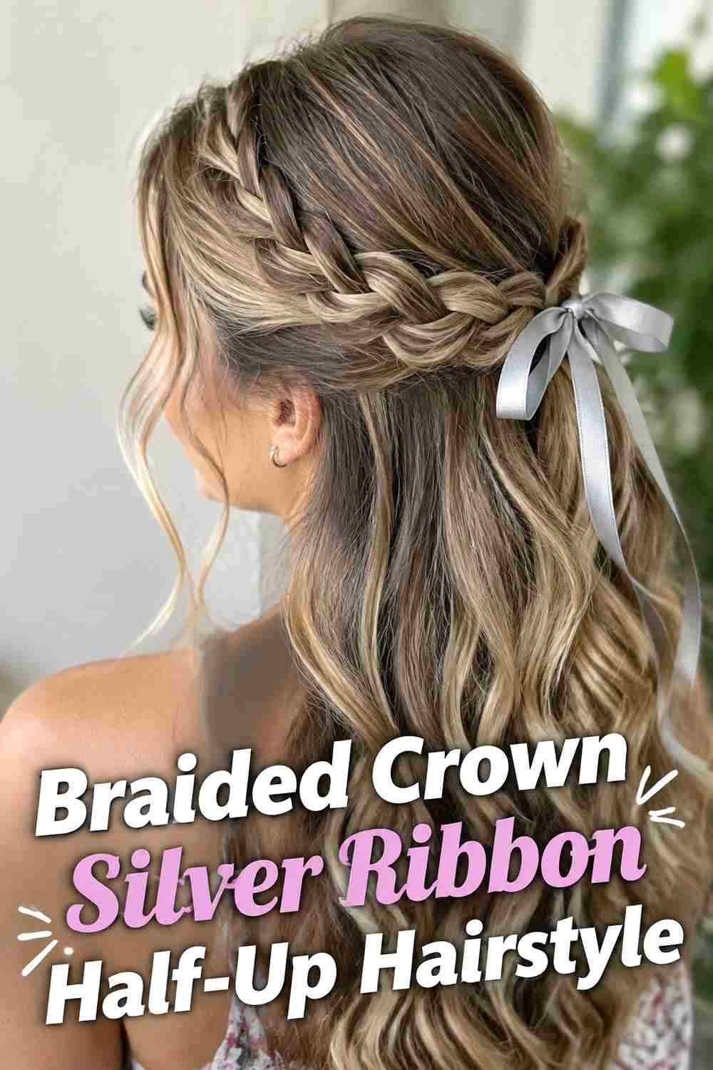 4. Braided Crown Silver Ribbon Half Up Hairstyle