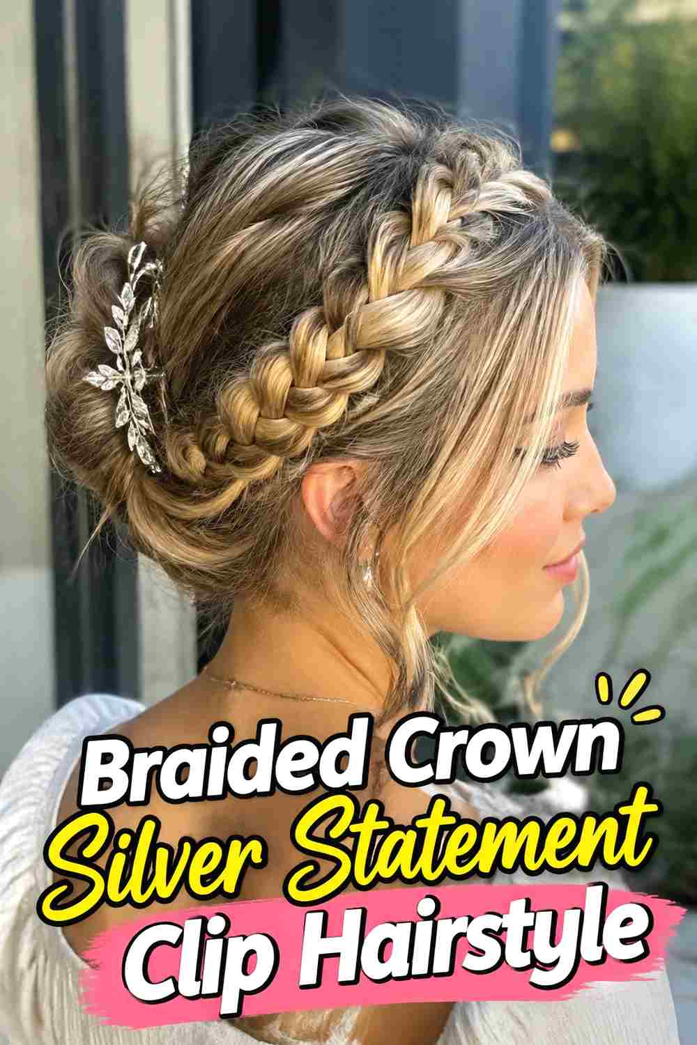 18. Braided Crown Silver Statement Clip Hairstyle