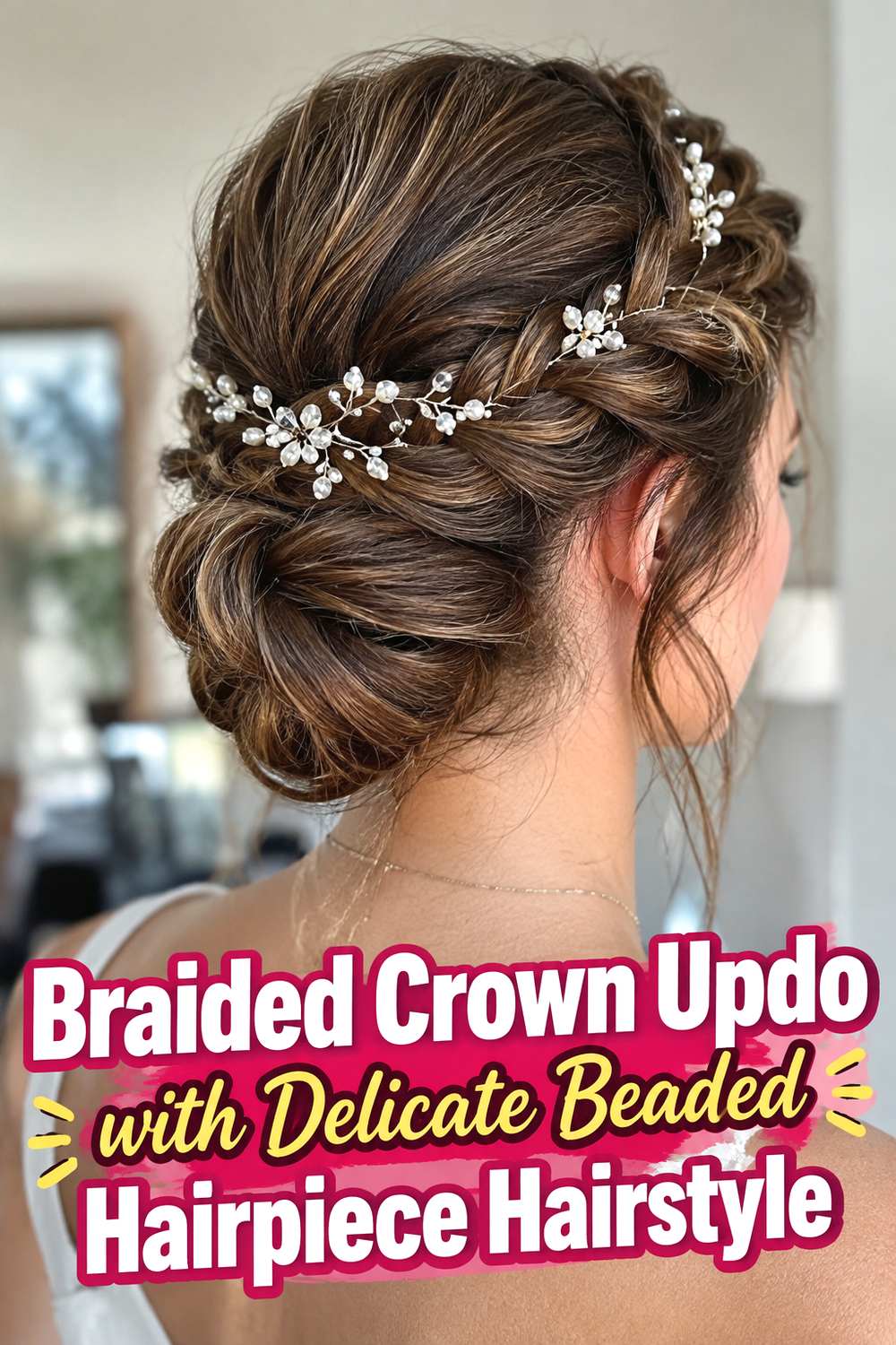 Braided Crown Updo with Delicate Beaded Hairpiece Hairstyle