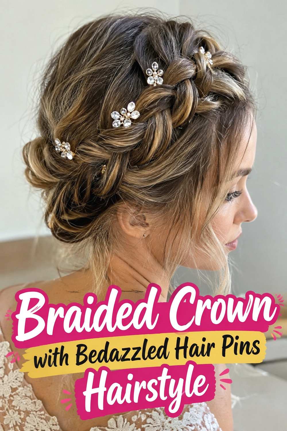 8. Braided Crown With Bedazzled Hair Pins Hairstyle