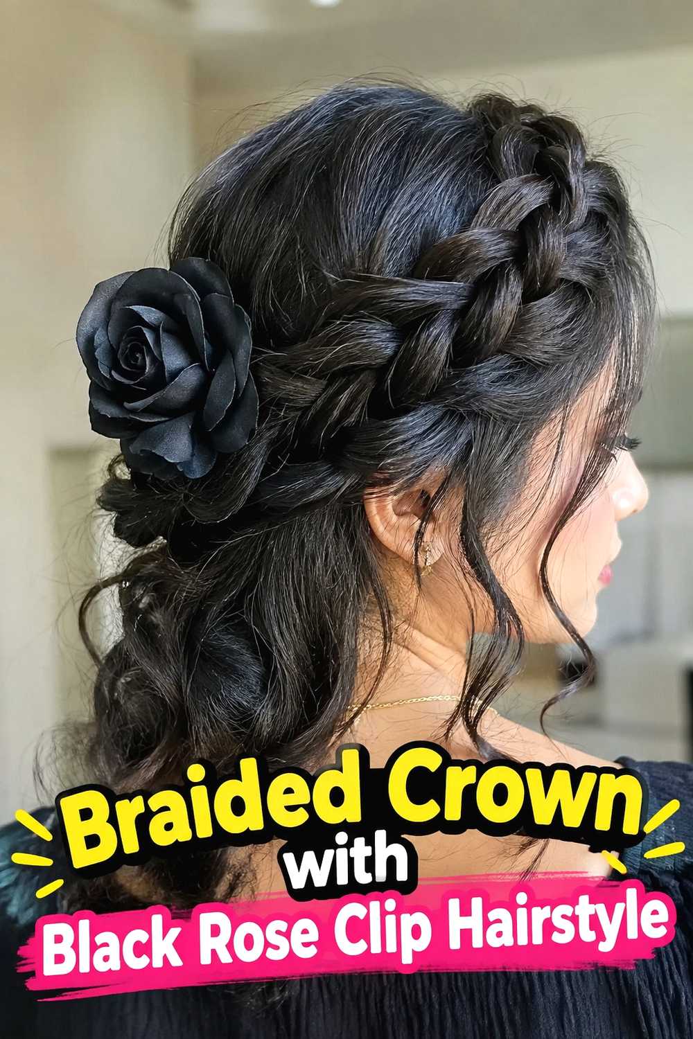 9. Braided Crown With Black Rose Clip Hairstyle