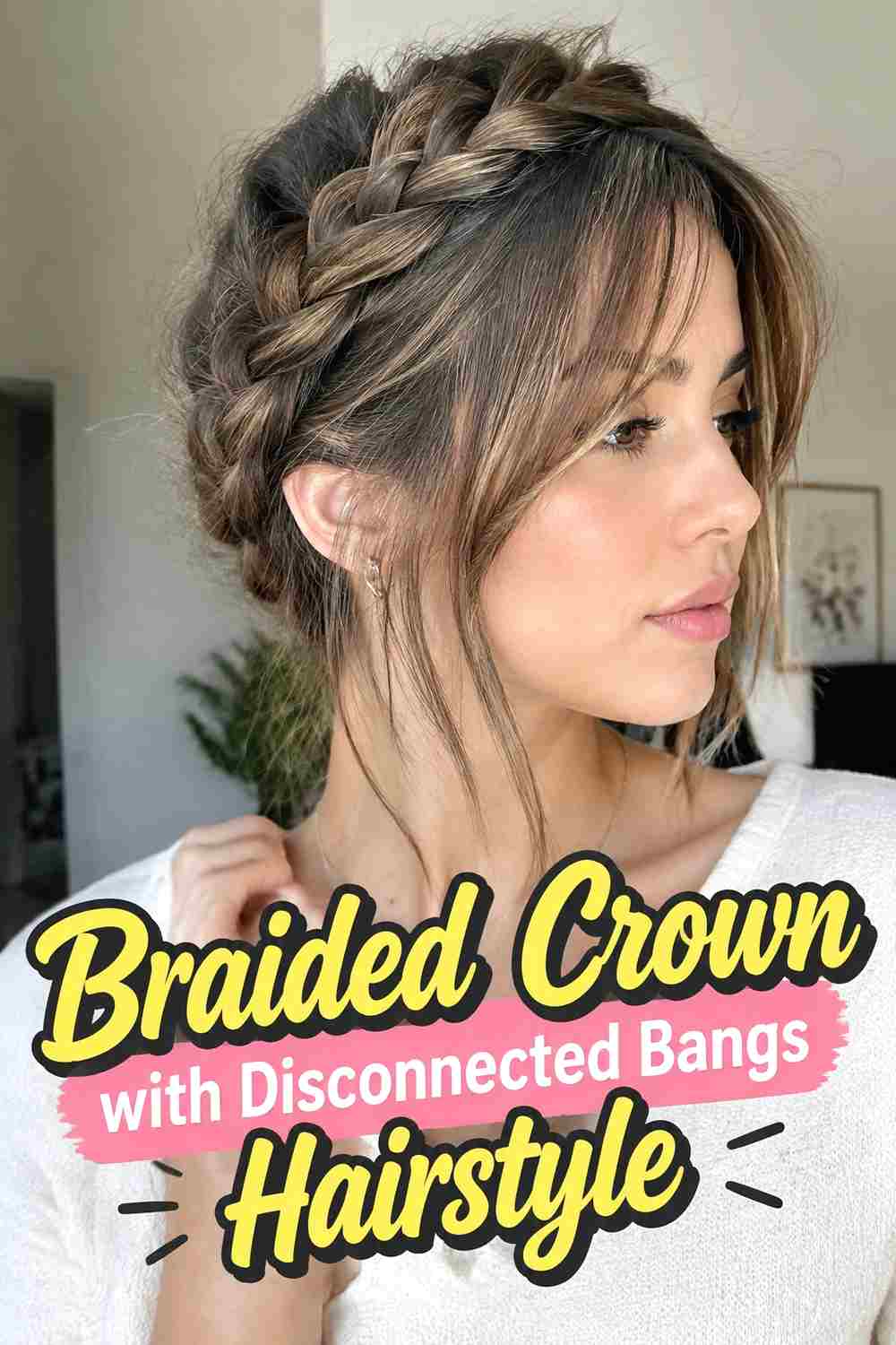 16. Braided Crown With Disconnected Bangs Hairstyle