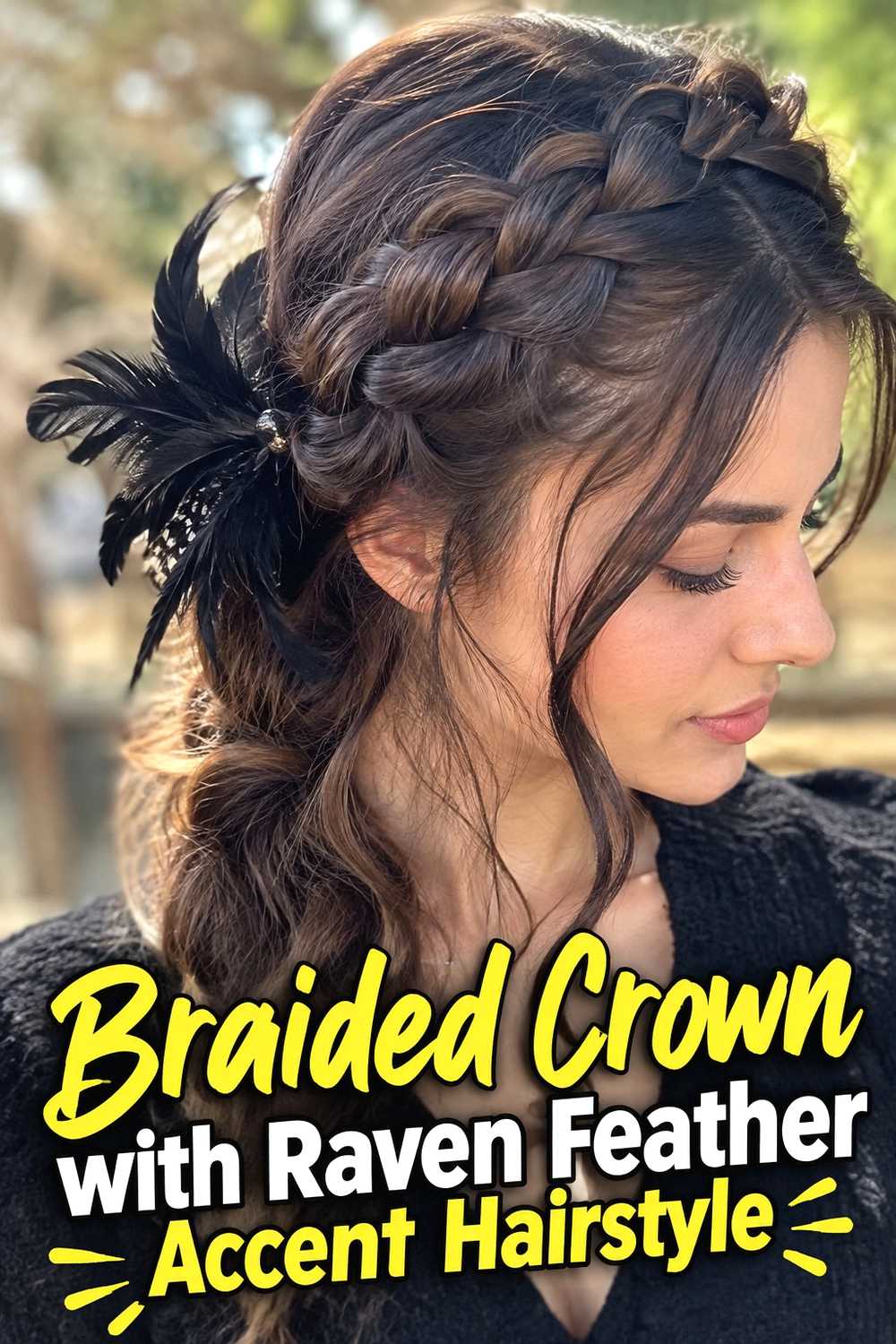 11. Braided Crown With Raven Feather Accent Hairstyle