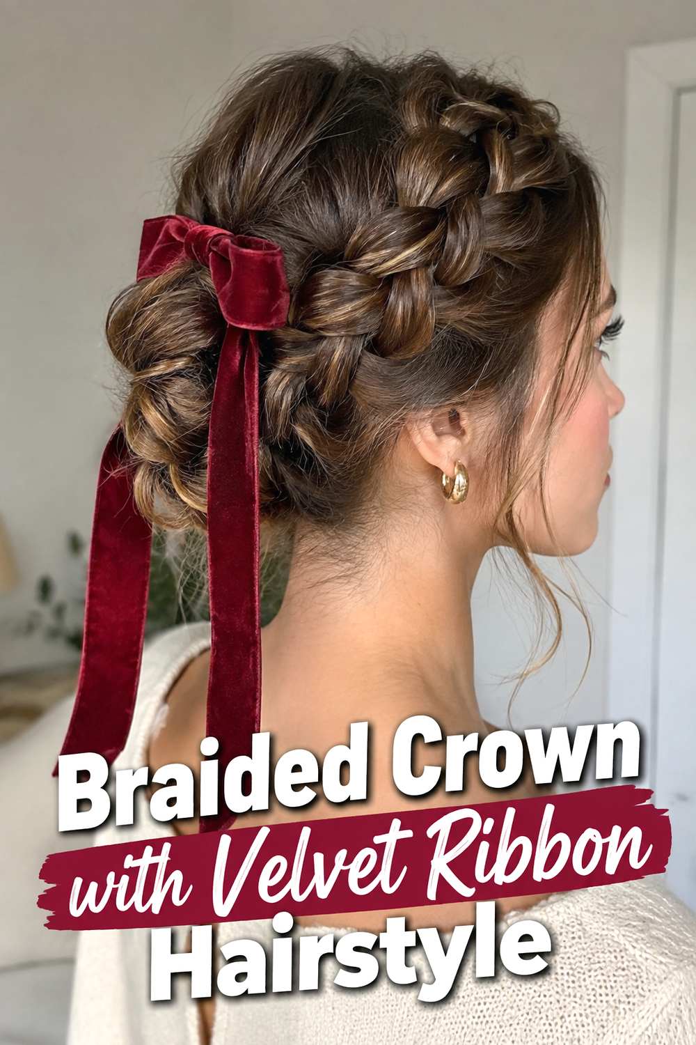 Braided Crown with Velvet Ribbon Hairstyle