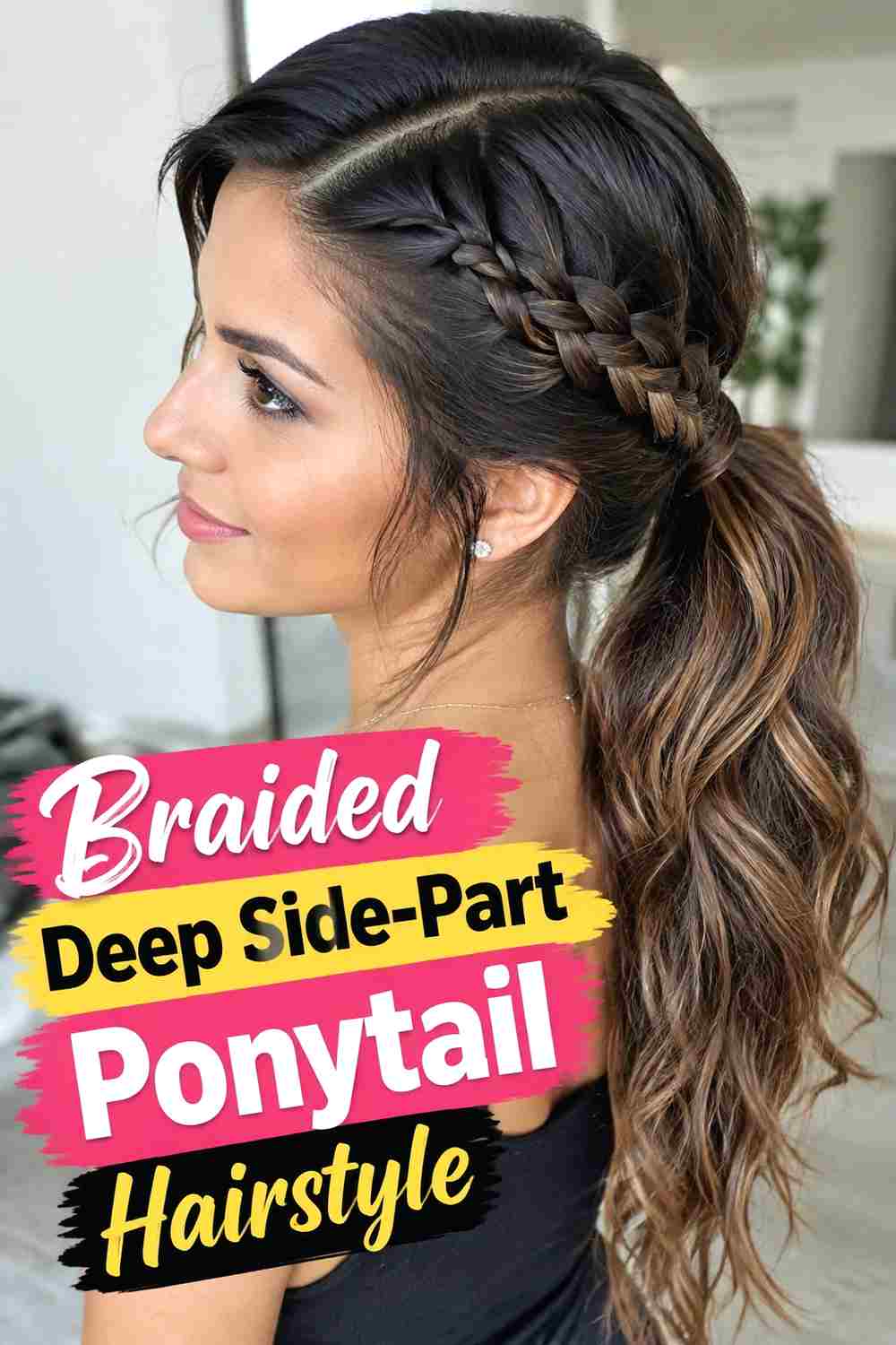 6. Braided Deep Side Part Ponytail Hairstyle