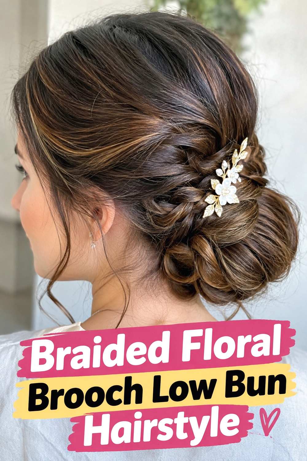 4. Braided Floral Brooch Low Bun Hairstyle