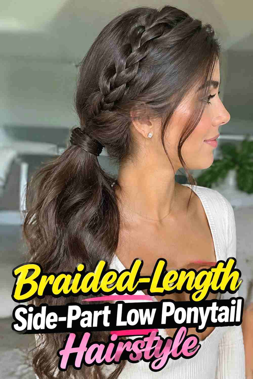 8. Braided Length Side Part Low Ponytail Hairstyle