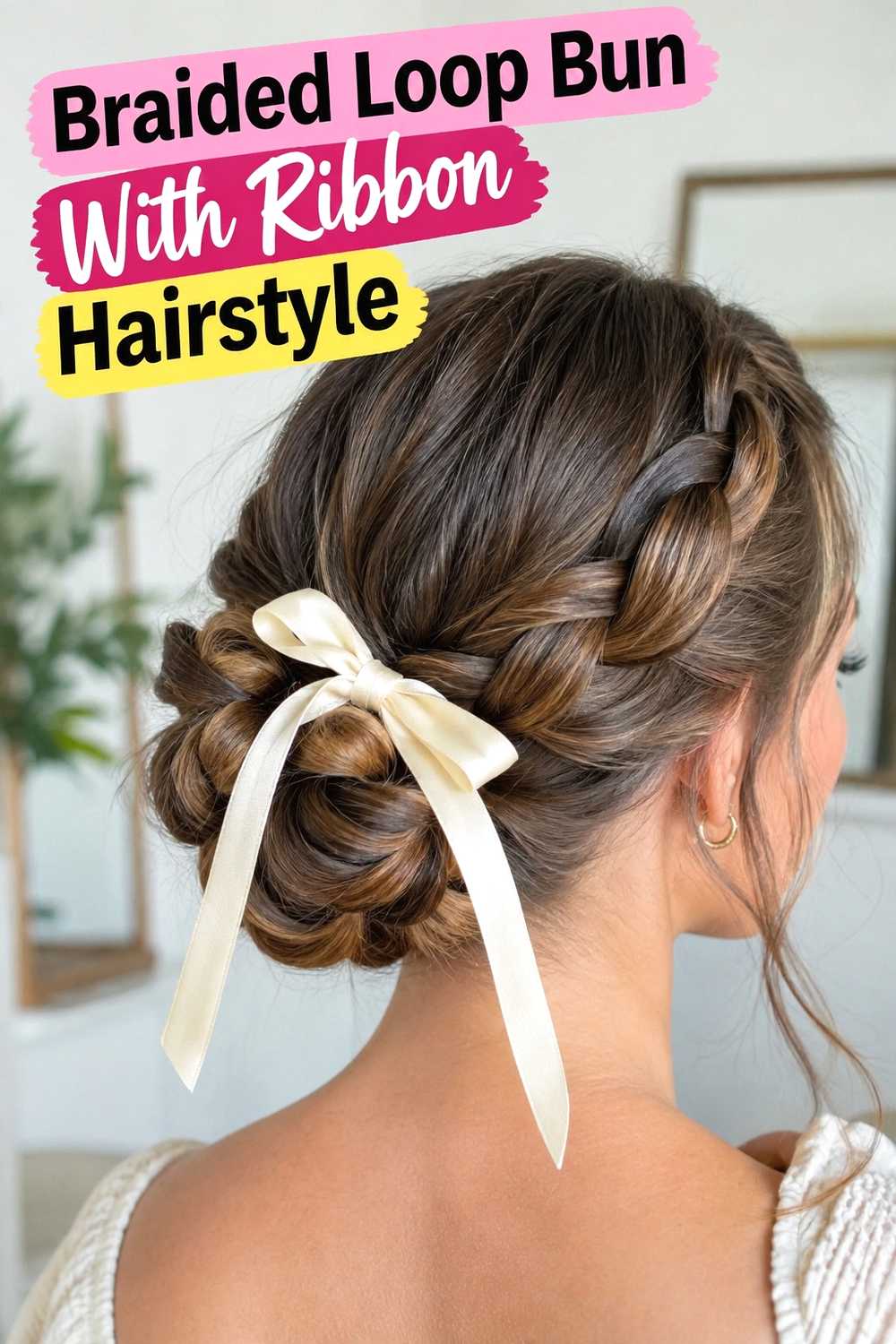 14. Braided Loop Bun With Ribbon Hairstyle