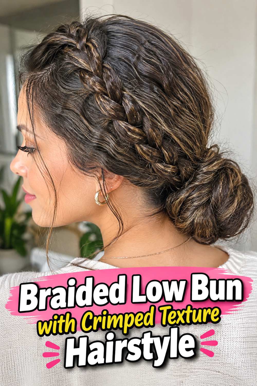 Braided Low Bun with Crimped Texture Hairstyle